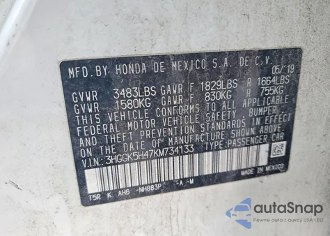 2019 Honda Fit Lx из США, поврежденный, VIN 3HGGK5H47KM734133